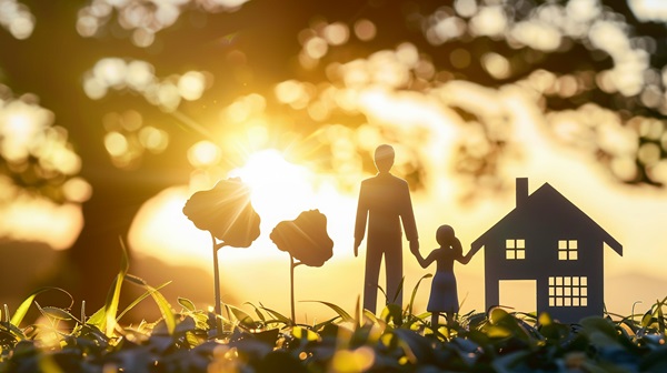 Paper cutouts of a family, a house, and trees set against a warm, glowing sunrise or sunset with sunlight filtering through leaves, symbolizing home and family.