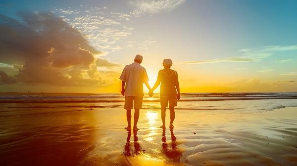 Elderly couple holding hands while walking along the beach at sunset, with golden light reflecting on the wet sand.