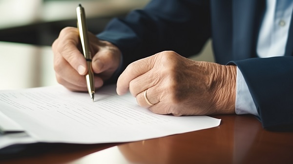 Senior man signing estate planning documents.